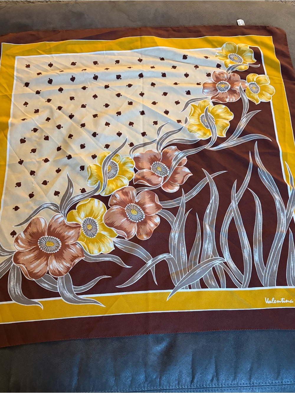 Vintage Valentina Fiore Floral Scarf Made Italy Brown Mustard 27”